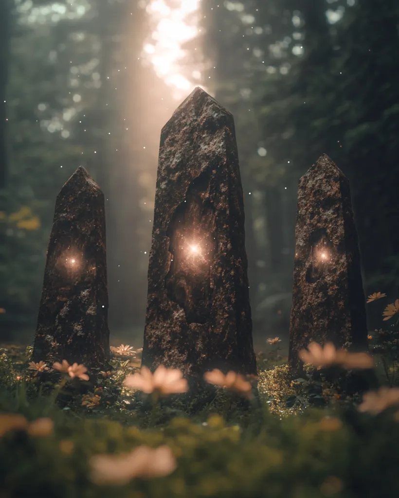 Three tall, weathered stone pillars stand in a misty, sun-dappled forest. The pillars have a slight glow emanating from within, and the forest floor is covered in soft, green moss and delicate wildflowers. The scene is both mysterious and tranquil, suggesting a sense of ancient magic and hidden secrets.