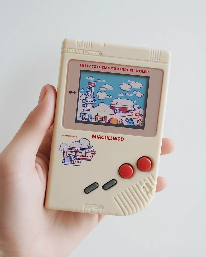 A hand holds a vintage-style handheld game console with a pixelated image on the screen.  The screen shows a colorful cityscape with buildings, clouds, and a sky. The console is beige with red buttons and a black and white screen. It has a label that reads "Miaghill Wod."  The console has a retro aesthetic and evokes nostalgia for classic video games.