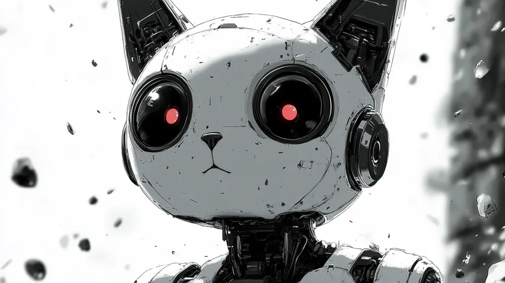 The image features a close-up of a robotic cat's head. It is rendered in black and white with only its eyes glowing red. The robot has a large, round head with a small, black nose and a slightly open mouth. The robot is positioned in the foreground with a blurred background of grey and white. The image has a gritty and futuristic aesthetic.