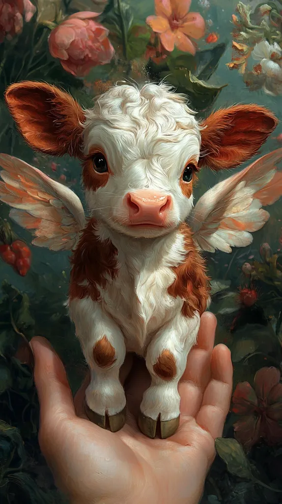 A small, white and brown calf with large, feathery wings sits in the palm of a hand. The calf has big, brown eyes and a pink nose, and its wings are a soft orange color with white tips. The calf looks innocent and adorable, and the flowers and leaves in the background create a whimsical and magical scene.