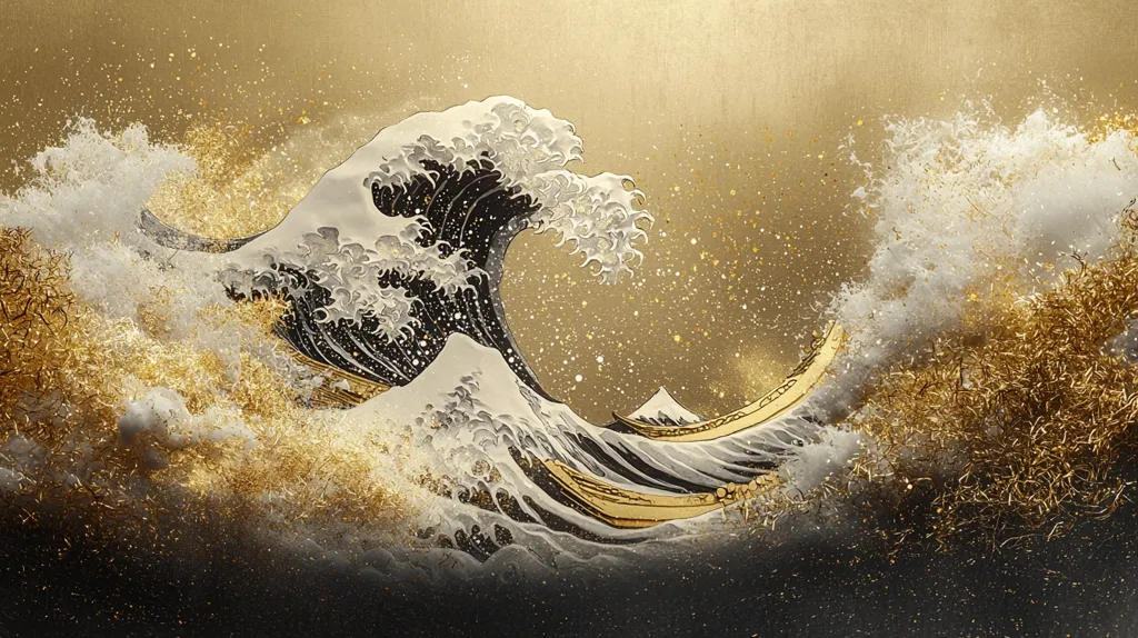 A large wave crashes over a golden background, evoking a sense of power and majesty. The wave is rendered in shades of white and black, with gold accents, creating a striking contrast. The golden background is filled with glittering specks, adding a touch of luxury and opulence. The image appears to be a modern reimagining of a classic Japanese art style, blending traditional elements with contemporary aesthetic choices.