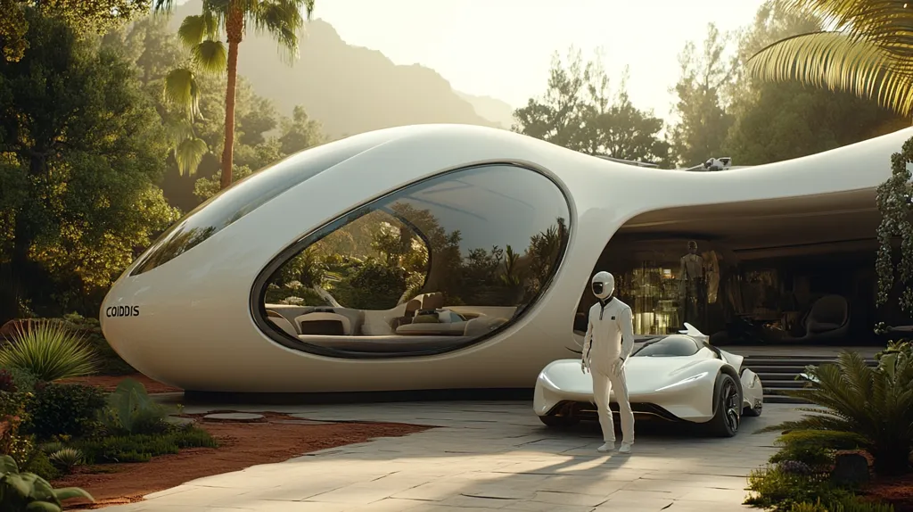 A futuristic, white, pod-shaped house sits amongst lush greenery. A man in a white suit stands beside a white, sleek sports car, while another person in a similar suit stands inside the home's open entryway. The home appears to be open and airy, offering a glimpse into the interior. The overall scene evokes a sense of modern luxury and innovation.
