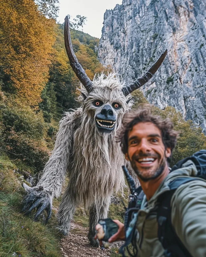 A man with a backpack smiles broadly at the camera as he takes a selfie with a large, white, furry monster with horns and glowing red eyes. The monster is standing on a dirt path in a forest, with a rocky cliff face in the background. The man seems unfazed by the monster's appearance.  The scene is reminiscent of a fantastical storybook.
