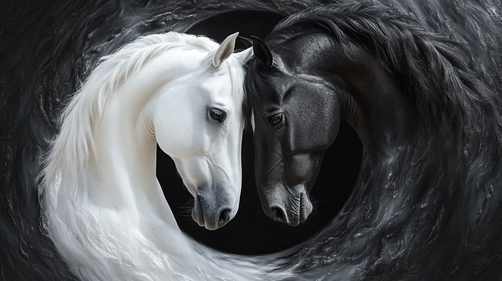 The image shows a white horse and a black horse facing each other, their heads tilted in close proximity. Their manes and tails flow around them, creating a yin-yang symbol in the background. The image is a beautiful representation of duality and contrast. The black horse is on the right side of the image and the white horse is on the left. The background appears dark and mysterious, enhancing the contrast between the two horses.  The overall image is striking and captivating.