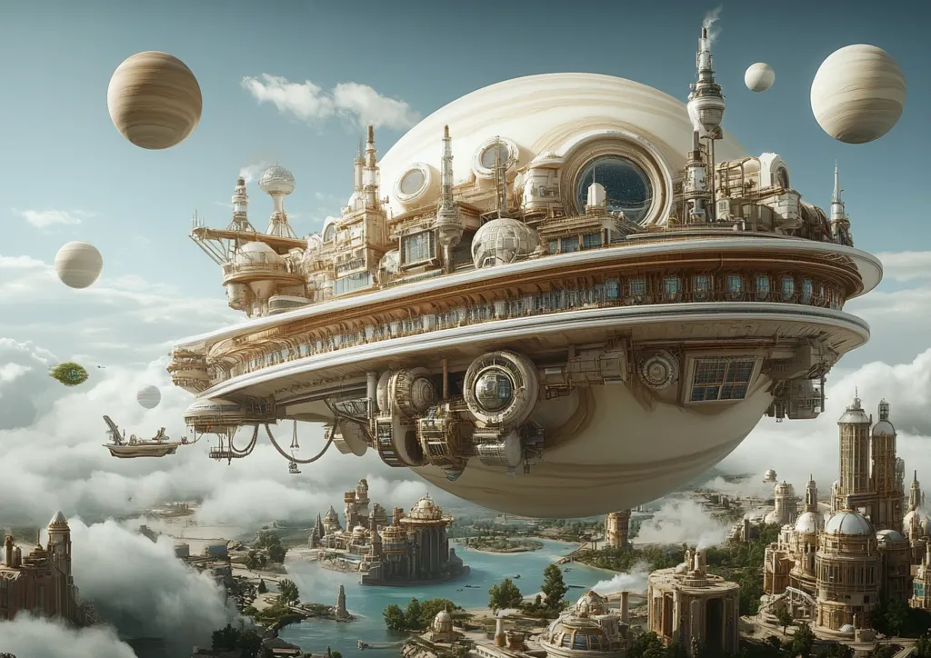 A large, intricately designed, steampunk-style airship hovers above a city. The ship is made of metal and glass, with numerous gears, pipes, and other intricate details. Below, the city is a blend of medieval and futuristic architecture, with tall towers and sprawling buildings. Several small, round, celestial bodies float in the sky, suggesting a fantastical setting.