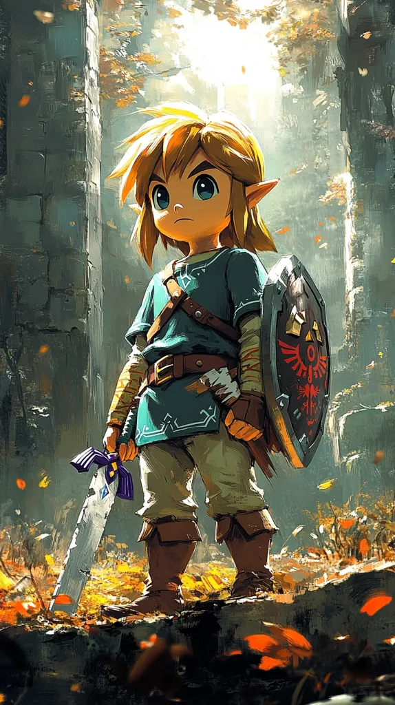 A young, determined Link stands in a forest clearing, his iconic Master Sword and Hylian Shield at the ready.  Golden sunlight filters through the trees, illuminating the scene.  He is clad in green, with a resolute look on his face, ready to face any challenge.  Fallen leaves litter the ground, adding a touch of autumnal beauty to the scene.  The image is filled with vibrant colors and a sense of adventure, capturing the spirit of the Legend of Zelda.