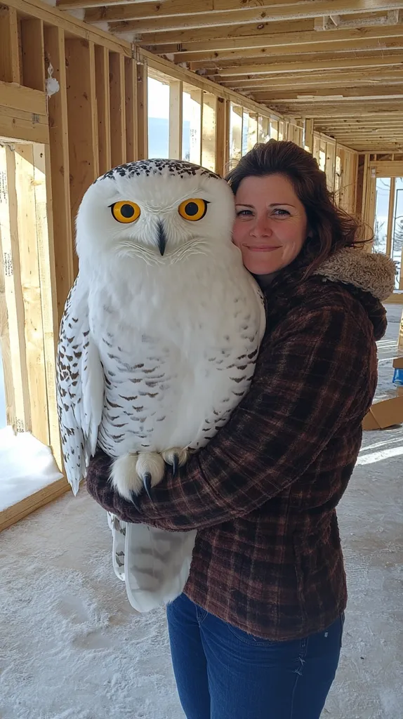A woman is holding a snowy owl in her arms. The owl is perched on her forearm, its large, bright yellow eyes staring directly at the camera. The woman is smiling and looking directly at the camera. The background is a wooden frame structure, likely under construction. The snowy owl's white feathers are soft and fluffy, contrasting with the woman's brown plaid jacket and blue jeans. The scene captures a moment of connection between a human and a wild animal.