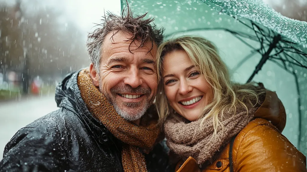 A couple, a man and a woman, stand close together under a green umbrella. The man is wearing a black jacket and a brown scarf, and the woman is wearing a brown jacket and a beige scarf. They are both smiling and looking at the camera. It is raining and there is a blurred background behind them.  They look like they are enjoying their time together in the rain.