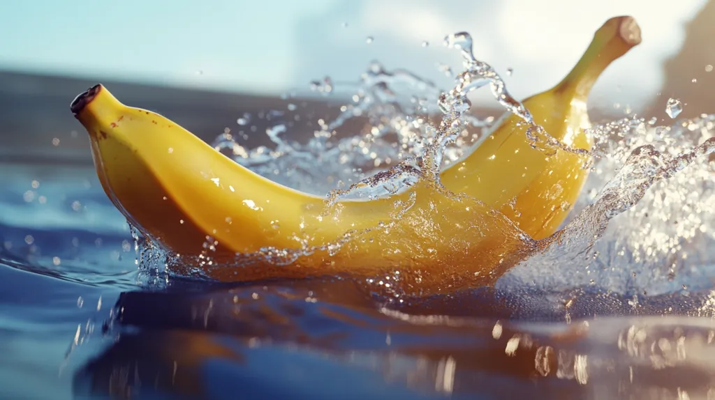 A single banana is shown splashing into a body of water. The banana is yellow and the water is blue. The sun is shining, making the water sparkle. The banana is creating a large splash with droplets of water flying everywhere. The image is focused on the banana and the water, with a blurred background. The image is well-lit and has a bright, cheerful tone.