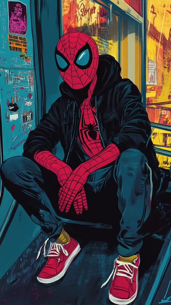 The image is a stylized depiction of Spiderman sitting with his legs crossed, wearing a black leather jacket over his red and blue suit. He is sitting in front of a window with graffiti on it. The scene is set in a urban environment. He is wearing red sneakers and has a serious expression on his face.