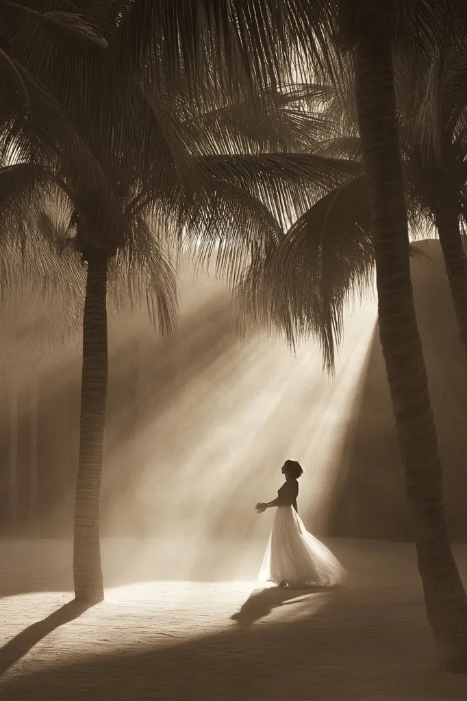 The image depicts a woman in a flowing white dress standing between two tall palm trees. The sun shines through the trees, creating beams of light that illuminate the woman and the surrounding area. The woman's silhouette is visible against the bright light, creating a dreamy and ethereal effect. The image has a soft, romantic, and somewhat melancholic tone.