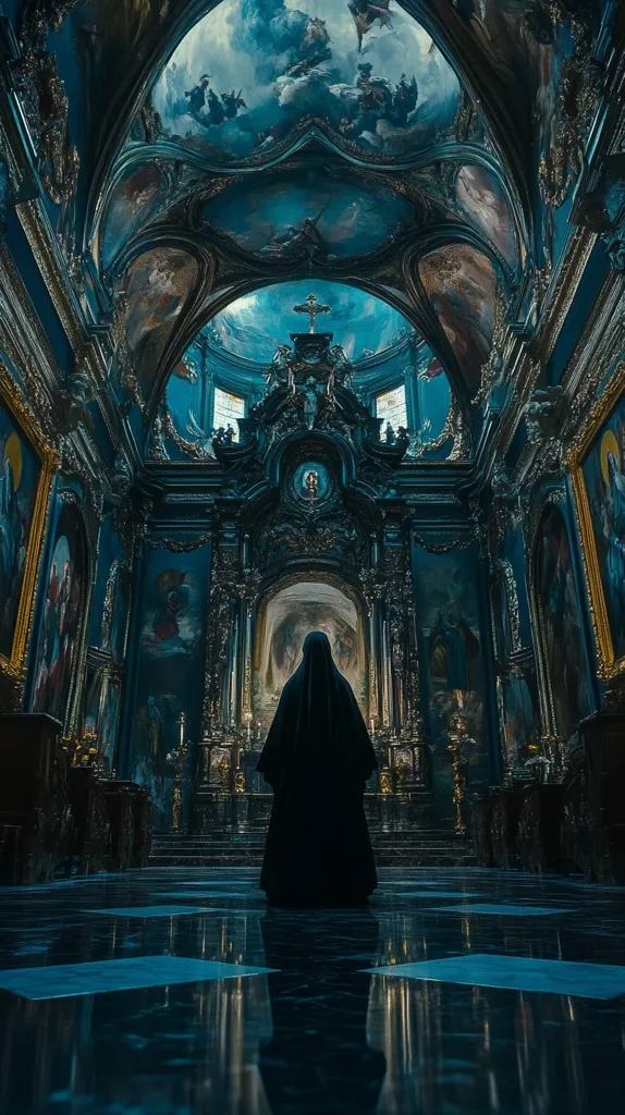 The image depicts a person dressed in a black robe standing in a dimly lit, ornate cathedral. The vaulted ceiling is adorned with intricate artwork, and the walls are lined with golden frames holding paintings. The person's shadow is reflected on the polished marble floor, creating a sense of mystery and grandeur. The overall mood is one of reverence and solemnity.