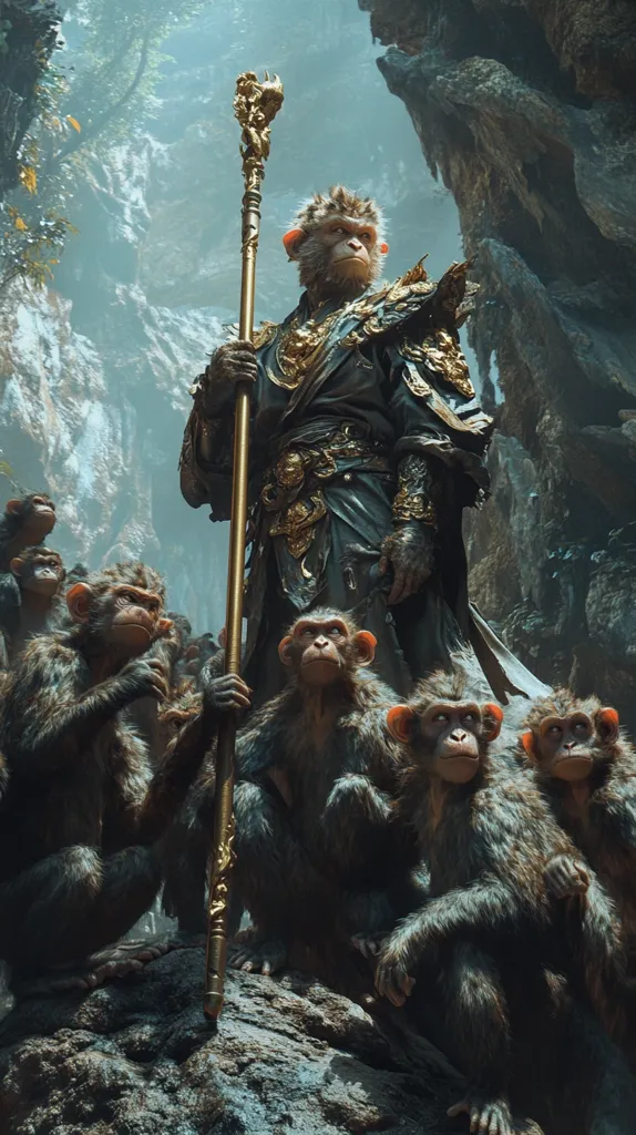 A group of monkeys, led by a majestic monkey king, stand on a rocky cliff. The king is dressed in ornate golden armor, and holds a golden staff. He looks out at the world with a fierce and determined gaze. The other monkeys sit and stand around him, their expressions a mixture of awe and respect. The scene is filled with a sense of power and mystery, suggesting that this is a moment of great importance.