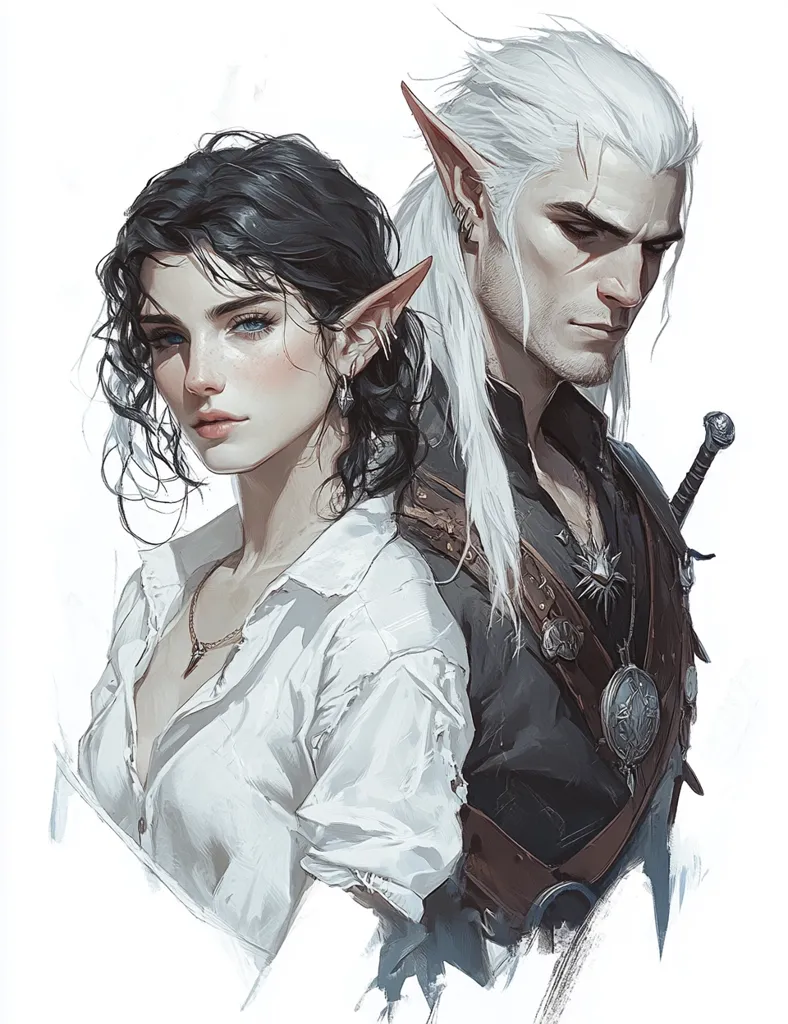 The image features a portrait of two elves, a man and a woman, side by side. The woman has long, dark hair and is wearing a white shirt, while the man has long, white hair and is dressed in a dark, leather outfit. The man is holding a sword, and both elves have pointed ears. They both appear to be looking down with serious expressions. The background is simple and white, highlighting the figures. The image has a realistic style and is drawn in a detailed and intricate manner.