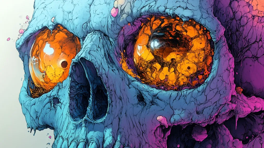 The image is a close-up of a skull, painted in a vibrant, abstract style. The skull is primarily blue with hints of purple, while the eyes are a mixture of orange and yellow. The details of the skull are intricate and textured, resembling a psychedelic, almost otherworldly surface. The image is a mesmerizing blend of colors and shapes, creating a sense of both beauty and eeriness.
