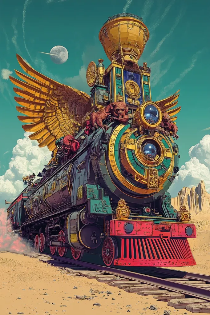 A large, ornate steam locomotive with golden accents and intricate details, including a pair of golden wings, moves across a sandy desert landscape. The train is intricately designed, featuring a large, ornate central structure with numerous gears, pipes, and other mechanical elements. The locomotive is adorned with two fierce, mythical creatures with glowing eyes and a large, golden dome atop the structure. The sky is blue with wispy clouds. The overall image has a sense of grandeur and mystery, suggesting a journey to a distant land or a timeless adventure.