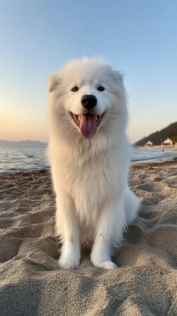 A fluffy white dog with a big smile sits on a sandy beach. The dog has a long, white coat and is looking directly at the camera. The background is a blue sky and calm water. The dog's tongue is sticking out and its eyes are bright.  It looks like a happy dog enjoying the beautiful day.