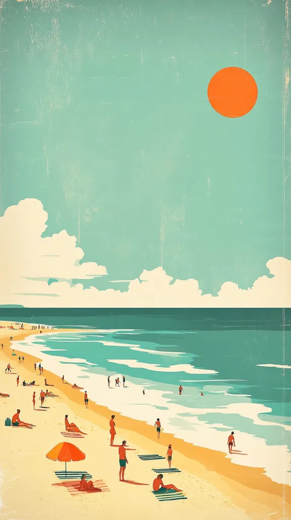 A vintage-style illustration of a beach scene.  The sky is a bright turquoise with fluffy white clouds. A large orange sun sits in the upper right corner. The beach is sandy, with people sunbathing, swimming, and walking.  The ocean is a calming teal green.  The illustration has a retro, nostalgic feel.