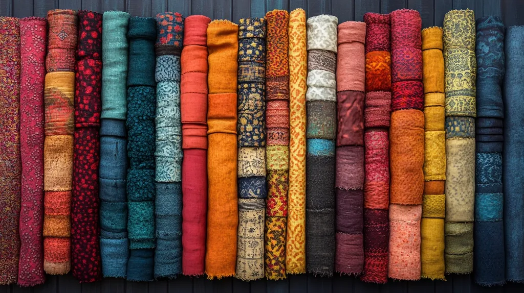 A collection of colorful fabric swatches, rolled and arranged in a row, showcases a vibrant spectrum of hues. From deep reds and oranges to cool blues and greens, each swatch boasts unique patterns and textures, creating a captivating display of textile artistry. The fabrics are neatly aligned against a dark background, highlighting their intricate details and emphasizing the diverse tapestry of colors and designs.