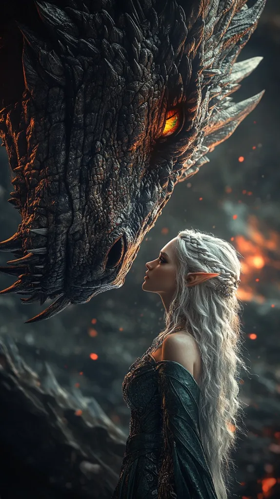 A large, black dragon with an orange eye gazes down at a woman with long, white hair and a flowing, emerald-green dress. The dragon's scales are textured and sharp, and the woman's expression is one of wonder and respect. They stand before a backdrop of fiery, glowing embers, adding to the mythical and fantastical scene.  The image evokes a sense of power and enchantment.