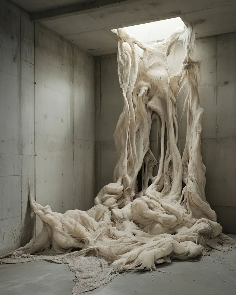 A large, white, organic-looking sculpture fills a concrete room. It appears to be made of fabric or some other soft material and hangs from a small skylight.  The sculpture resembles a mass of tangled roots or veins, filling the room with an ethereal, unsettling presence.  The starkness of the concrete walls highlights the sculpture's intricate texture and organic form.  The image evokes a sense of both beauty and discomfort, a reminder of nature's powerful and sometimes overwhelming forces.