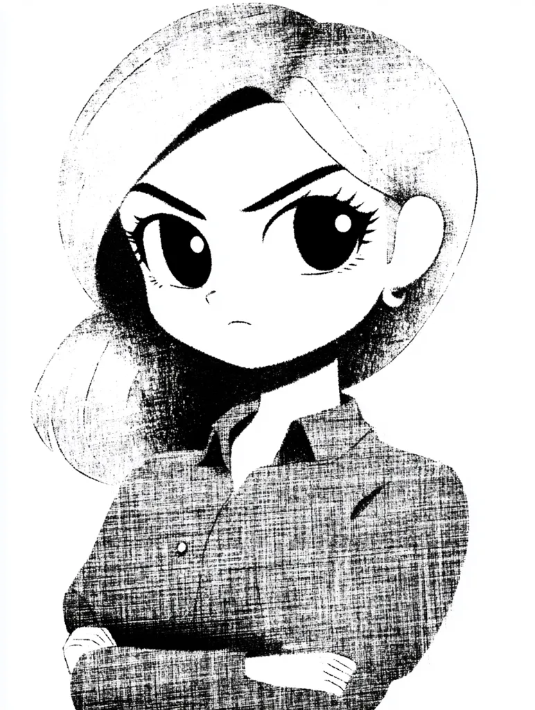 The image shows a black and white drawing of a young woman with her arms crossed, looking serious. Her hair is pulled back and she is wearing a collared shirt.  The image is stylized with a rough, textured effect. The woman's expression conveys a sense of determination.