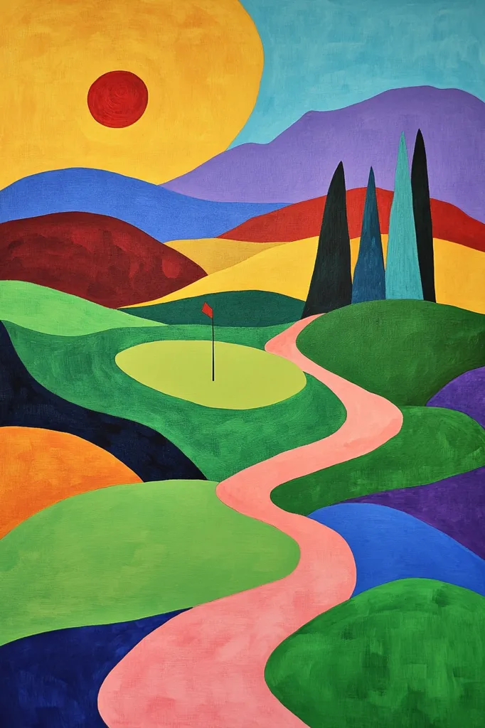 The painting features a colorful, abstract landscape with a large yellow sun in the top left corner and a winding pink path through the hills.  The path leads to a golf green with a flag in the center.  The background is made up of hills in various shades of green, blue, red, and purple. The painting is reminiscent of a golf course, with the winding path symbolizing the journey to the green.  The vibrant colors and simple shapes create a playful and whimsical feel.
