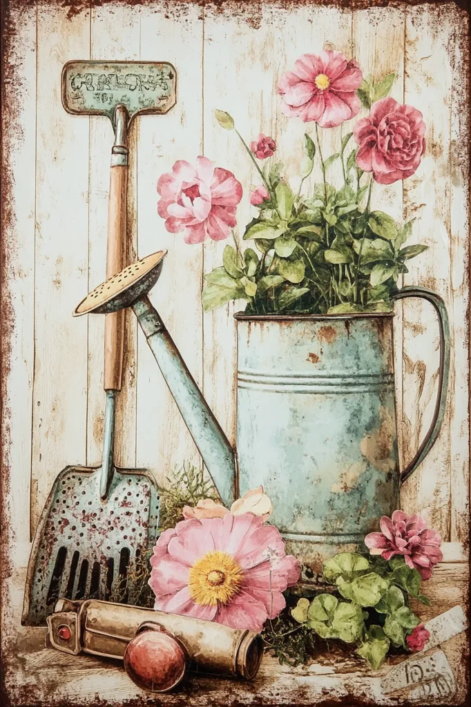 A vintage-style painting of a garden scene with a watering can, a shovel, and a bouquet of pink flowers. The watering can is green and blue with rust spots. The shovel is metal and has a wooden handle. The flowers are all different shades of pink and have delicate petals. The background is a wooden fence with a distressed look. The entire image is a beautiful tribute to nature's beauty.
