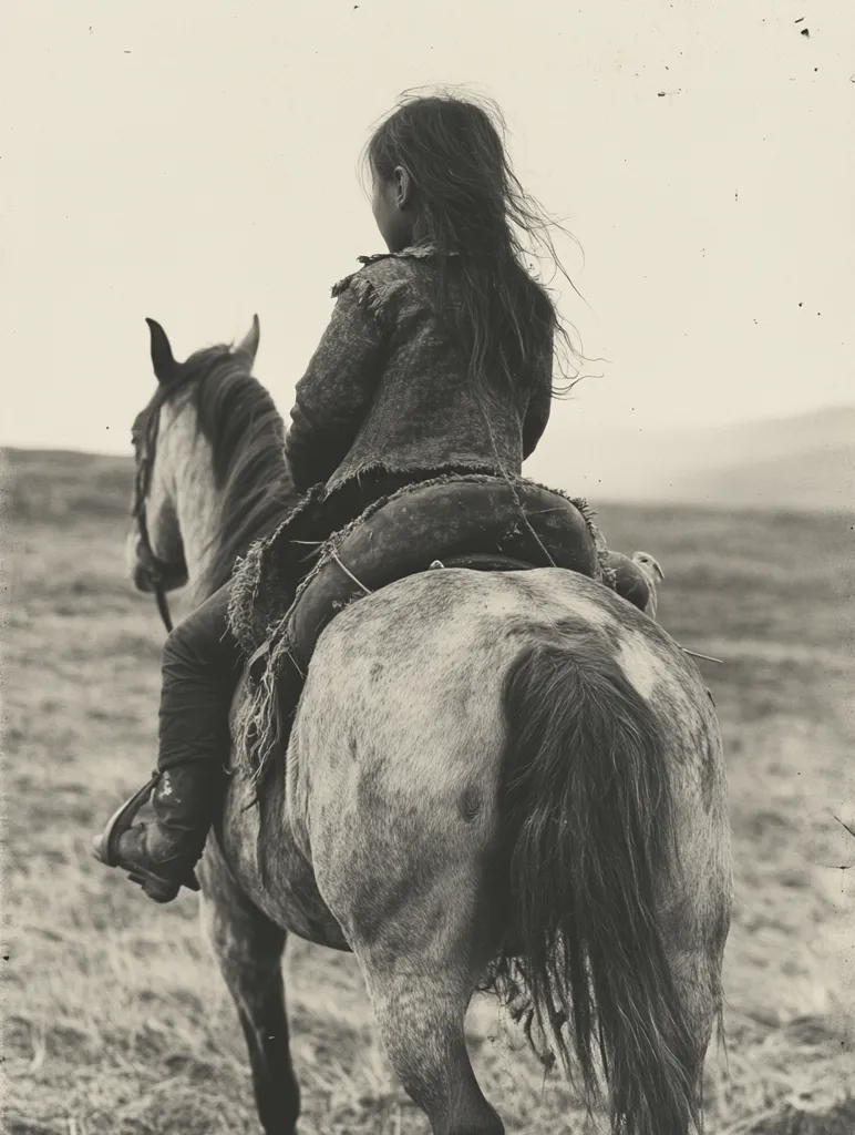 A black and white photograph captures a young woman riding a horse across a field. The woman is dressed in a simple, rugged outfit and her long hair blows in the wind. The horse is a beautiful, gray animal with a flowing mane. The photo is framed by a textured, vintage-looking border. The image evokes a sense of freedom and adventure.