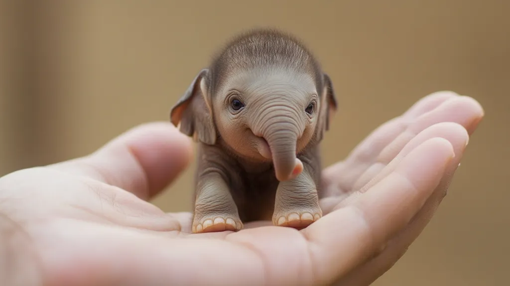 A tiny baby elephant, barely bigger than a human hand, stands on the palm of a person's hand. It has wrinkly gray skin, big floppy ears, and a small trunk that it's using to explore.  The elephant's eyes are dark and full of curiosity, and its expression is innocent and sweet. The photo captures the delicate beauty of a newborn animal and the bond between humans and wildlife.
