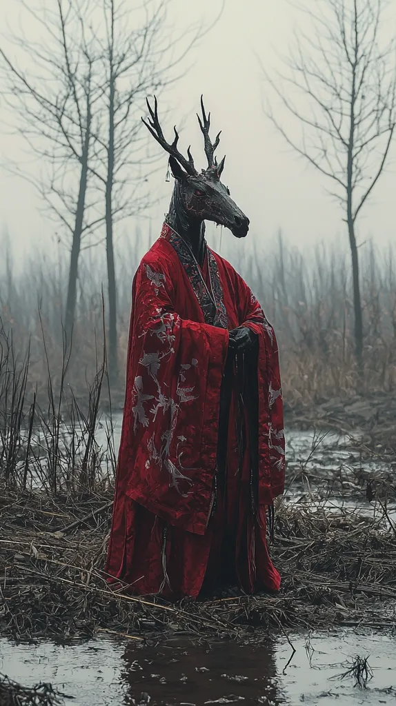 The image portrays a figure with a deer skull mask and antlers, adorned in a vibrant red robe. The figure stands amidst a bleak, gray landscape, likely a swamp, with bare trees and a hazy atmosphere. The figure's dark, shadowy form creates an eerie contrast against the vibrant red of the robe,  evoking a sense of mystery and otherworldliness. The setting suggests a desolate and possibly dangerous environment, further adding to the unsettling nature of the image.