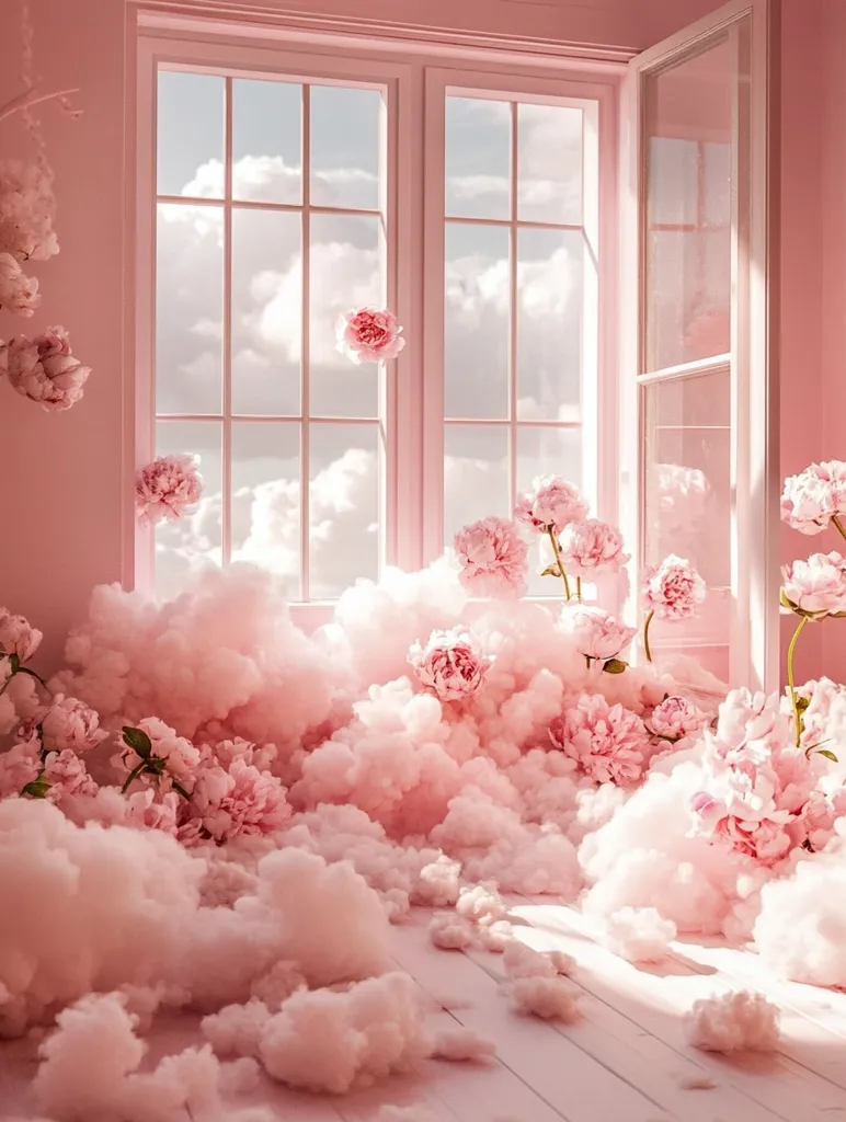 A large window with white panes in a pink room, framed by fluffy clouds. Delicate pink flowers bloom around the clouds, with a few floating in the sky outside the window. The soft lighting casts a warm glow over the scene, creating a whimsical and dreamy atmosphere.