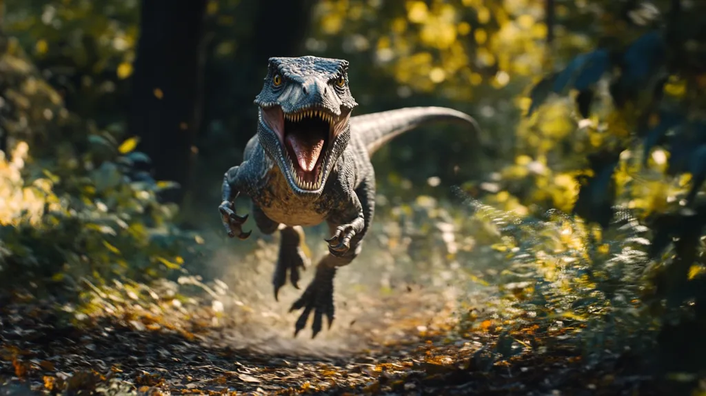 A velociraptor, its mouth agape, runs towards the camera in a forested setting. Its dark gray scales are visible, and its yellow eyes shine brightly. The dinosaur is in sharp focus while the background is blurry, creating a sense of motion. The surrounding foliage is a mix of greens and yellows.  Sunlight filters through the canopy, casting a warm glow.