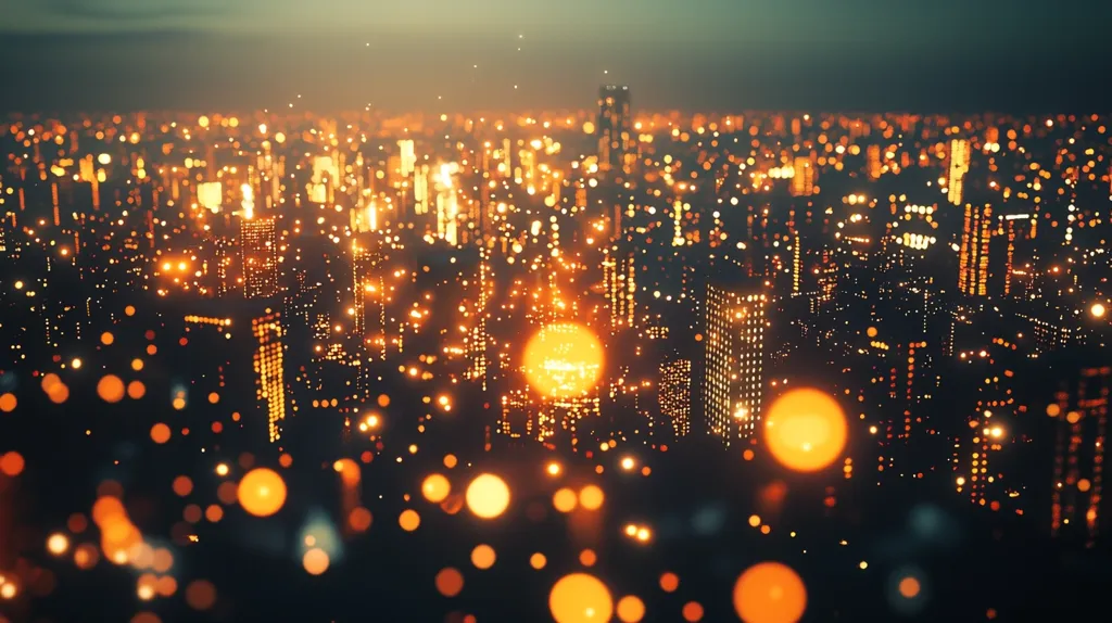 A cityscape at night, with the lights of buildings and streetlights forming a sea of golden bokeh. The city is shrouded in darkness, but the lights create a sense of warmth and energy. The image evokes a feeling of mystery and wonder, and the blurred lights create a sense of depth and distance.