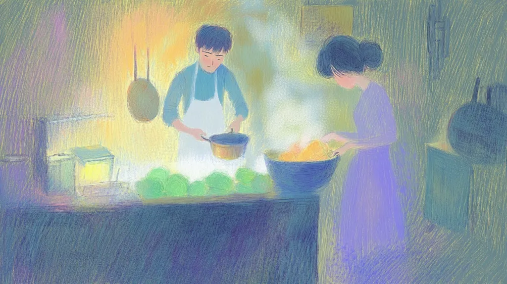 The image depicts a couple cooking in their kitchen. The man is holding a pot and the woman is stirring a large bowl. Steam rises from the bowl, suggesting that something is cooking. There are vegetables and a large pot on the counter behind them. The kitchen is illuminated by warm, soft light, giving the image a cozy and intimate atmosphere. The couple's movements suggest a sense of teamwork and shared responsibility.