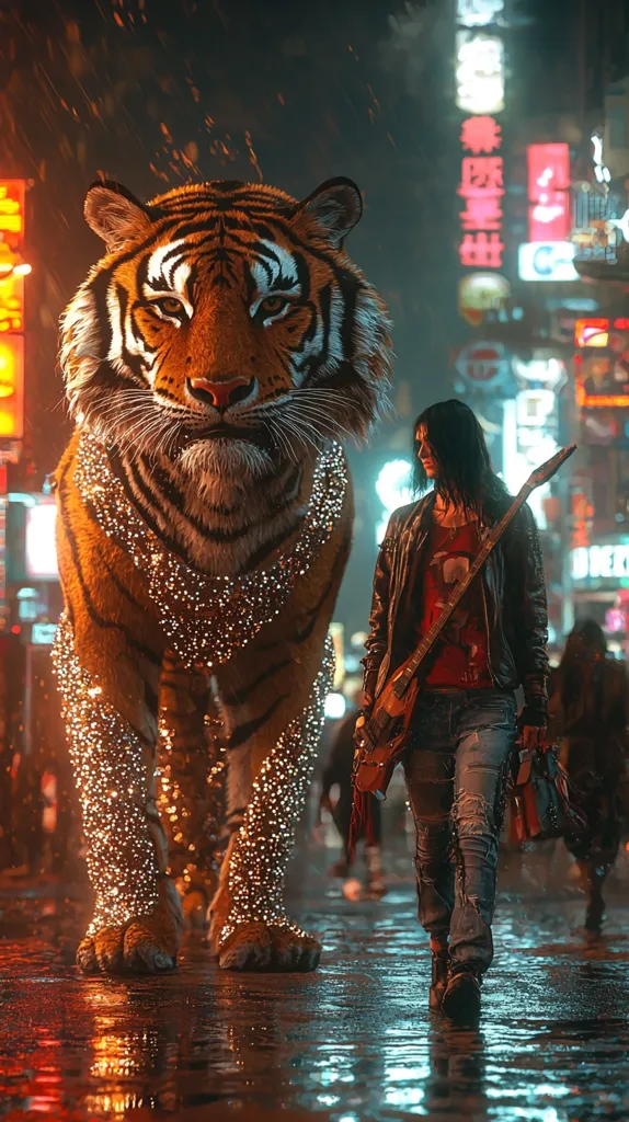 A large, orange tiger with sparkling lights adorning its fur walks down a wet city street at night. A young woman, wearing a leather jacket, jeans, and a red shirt walks beside the tiger, holding a guitar slung over her shoulder. The street is lined with bright neon signs and lights reflecting on the puddles on the pavement. The image has a futuristic, cyberpunk aesthetic.
