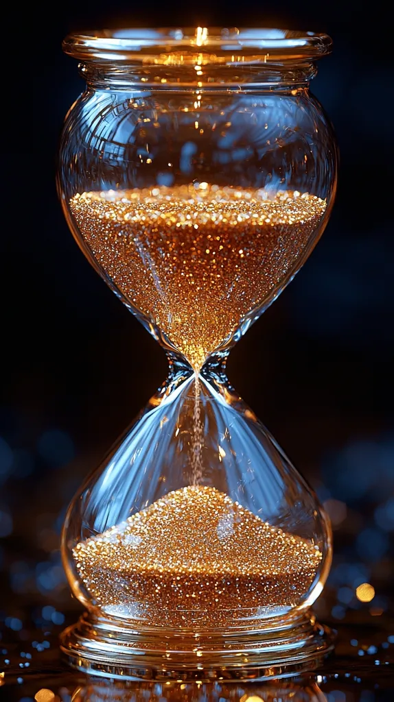 A glass hourglass with gold sand is positioned against a dark background. The sand is slowly flowing through the narrow neck of the hourglass, creating a mesmerizing and symbolic image of the passage of time.  The golden sand sparkles under the light, and the hourglass itself reflects the soft glow.
