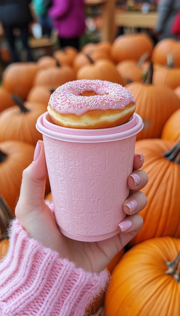A hand with pink nail polish holds a pink cup with a pink frosted donut on top. The donut is covered in colorful sprinkles. The hand is holding the cup against a background of pumpkins in various shades of orange. The image is bright and colorful.