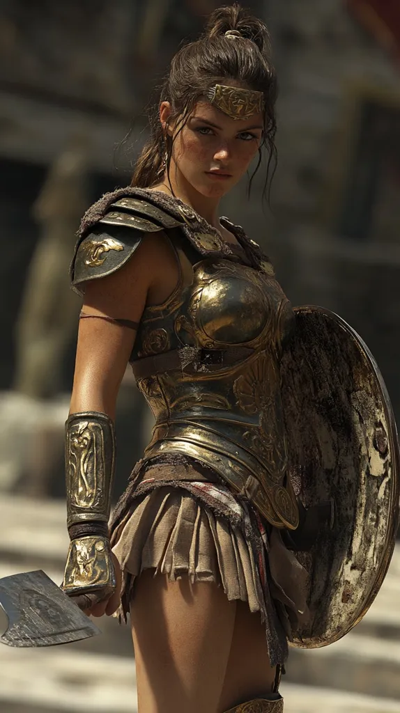A woman warrior stands, clad in intricately detailed golden armor and a short brown skirt. Her hair is pulled back in a ponytail, revealing a determined expression.  A large shield rests against her back, and she grips a metal axe in her hand. The image suggests a fierce and powerful warrior.