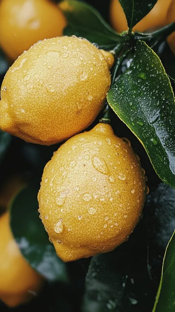 Two ripe lemons with water droplets hang on a green leafy branch. The lemons are yellow and have a textured skin. The leaves are dark green and have a slight sheen.  The picture is a close-up and focused on the lemons and leaves. The background is blurred.