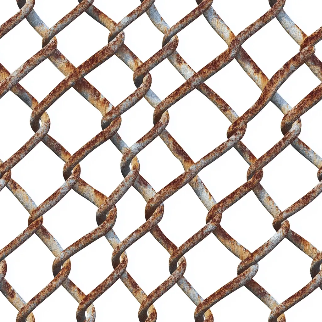 The image shows a close-up of a rusty chain link fence. The fence is made of interwoven metal links, and the metal is heavily rusted, giving it a reddish-brown color. The fence is shown against a white background, highlighting the texture and detail of the rust.