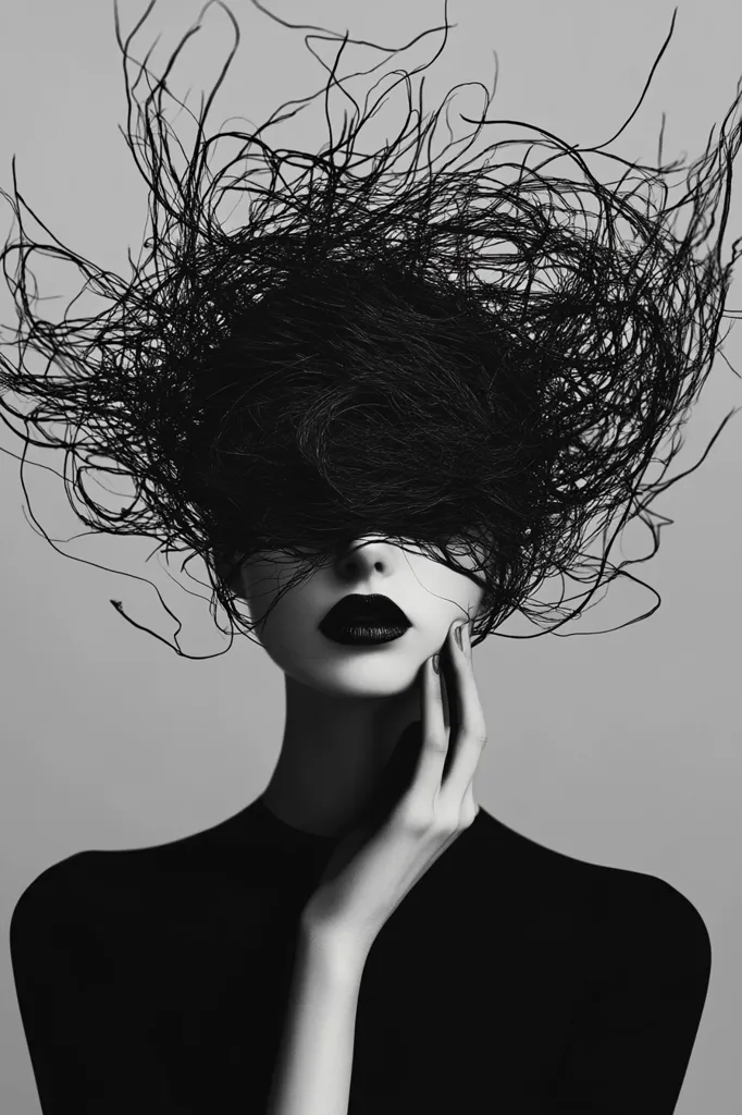 A woman with dark, flowing hair, covering her eyes, wears a black turtleneck sweater. Her hand rests gently on her cheek. The image is in black and white and has a dramatic and mysterious feel. The lighting is soft and creates a sense of intimacy. The woman's expression is enigmatic, hinting at a hidden story. The composition is simple and effective, focusing attention on the woman's face and her captivating gaze.  The overall mood is one of intrigue and contemplation.