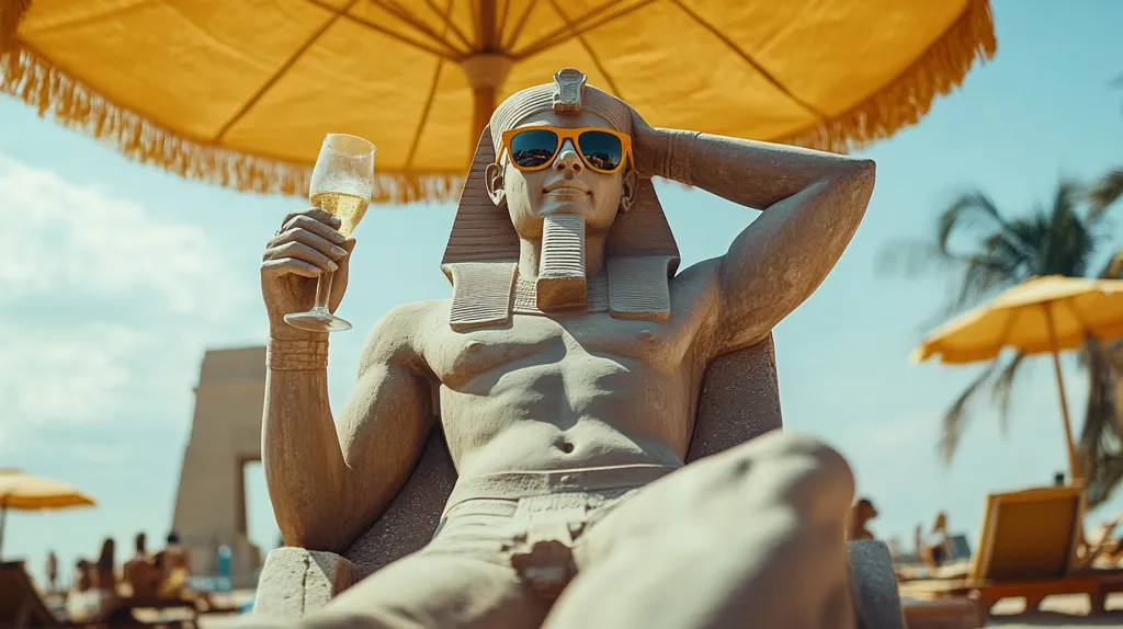 A statue of an Egyptian pharaoh wearing sunglasses reclines on a lounge chair under a yellow umbrella. He holds a glass of champagne in one hand and rests his other hand behind his head. The statue appears to be in a relaxed and luxurious setting.