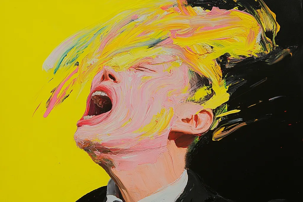 The painting depicts a close-up portrait of a person with a vibrant yellow and black background. The person is screaming with their mouth open, eyes closed, and hair flowing wildly, suggesting intense emotion. The thick, visible brushstrokes create a textured and expressive style. The stark contrast of colors further emphasizes the emotional intensity of the scene. The overall impression is one of raw and powerful emotion.