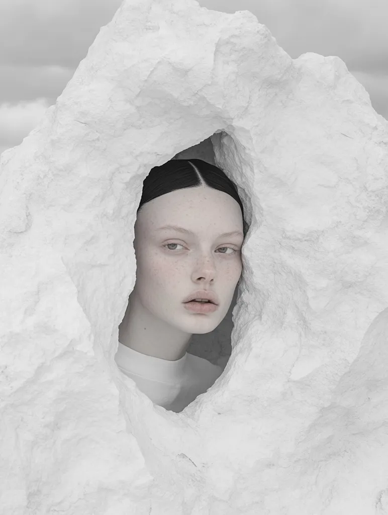 A woman with pale skin and dark hair peeks through a hole in a large white rock formation. The image is stark and minimalist, with a focus on the woman's face and the contrasting textures of her skin and the rock. The setting creates a sense of mystery and isolation.  The woman's expression is soft, her eyes gazing out with a sense of curiosity or longing.  The image suggests a sense of vulnerability, as if the woman is hiding or seeking refuge.