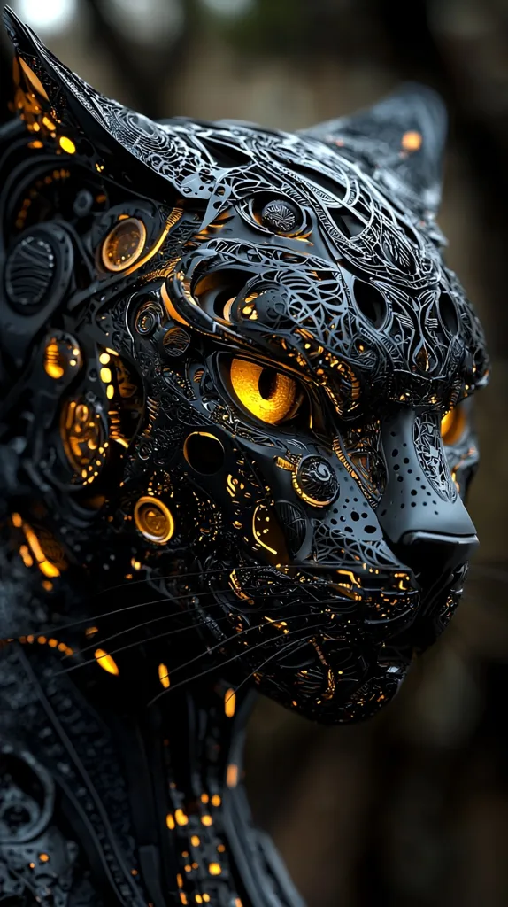 The image shows a close-up of a robotic cat's head. Its body is made of intricate metalwork with glowing yellow lights, giving the appearance of a mechanical creature. The cat's eye is large and round, resembling a camera lens. The image evokes a sense of futuristic technology and artistry.