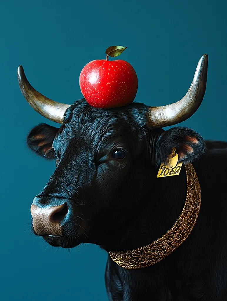 A black bull with a red apple on its head and a golden chain around its neck, stands against a teal background. It wears a gold tag on its ear with the number 7062. The bull's eyes are dark and intense, and its expression is stoic.