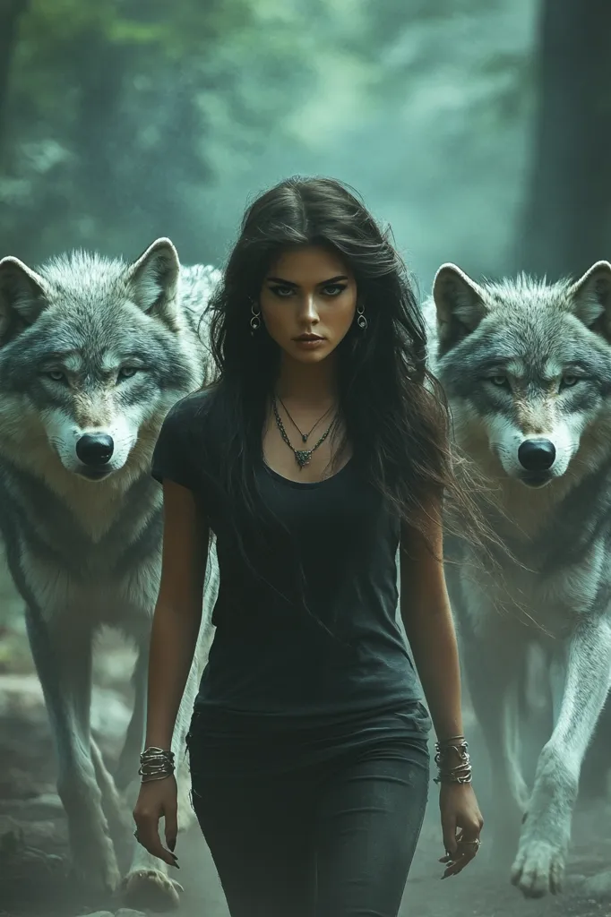 A young woman with long dark hair, wearing a black tank top and black pants, stands confidently between two grey wolves. The wolves are on either side of her, their faces focused on the camera. The background is blurred, giving the image a dreamy quality. The overall mood is mysterious and alluring.