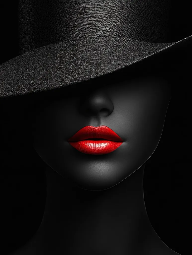 A woman's face is partially hidden by a black hat, only her red lips and part of her nose are visible. The image is in black and white, with the red lips being the only color. The woman's expression is mysterious, with the hat casting a shadow over her face.  The image creates a sense of intrigue and mystery.