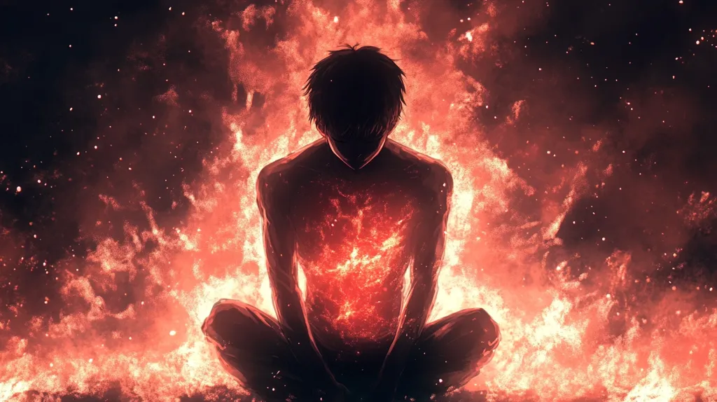 A figure sits in a lotus position, enveloped in flames that erupt from their chest. The flames glow brightly, casting an orange and red hue against a dark, starry background. The figure's face is obscured by shadows, adding to the sense of mystery and intensity. The image evokes feelings of power, passion, and a struggle against internal fire.